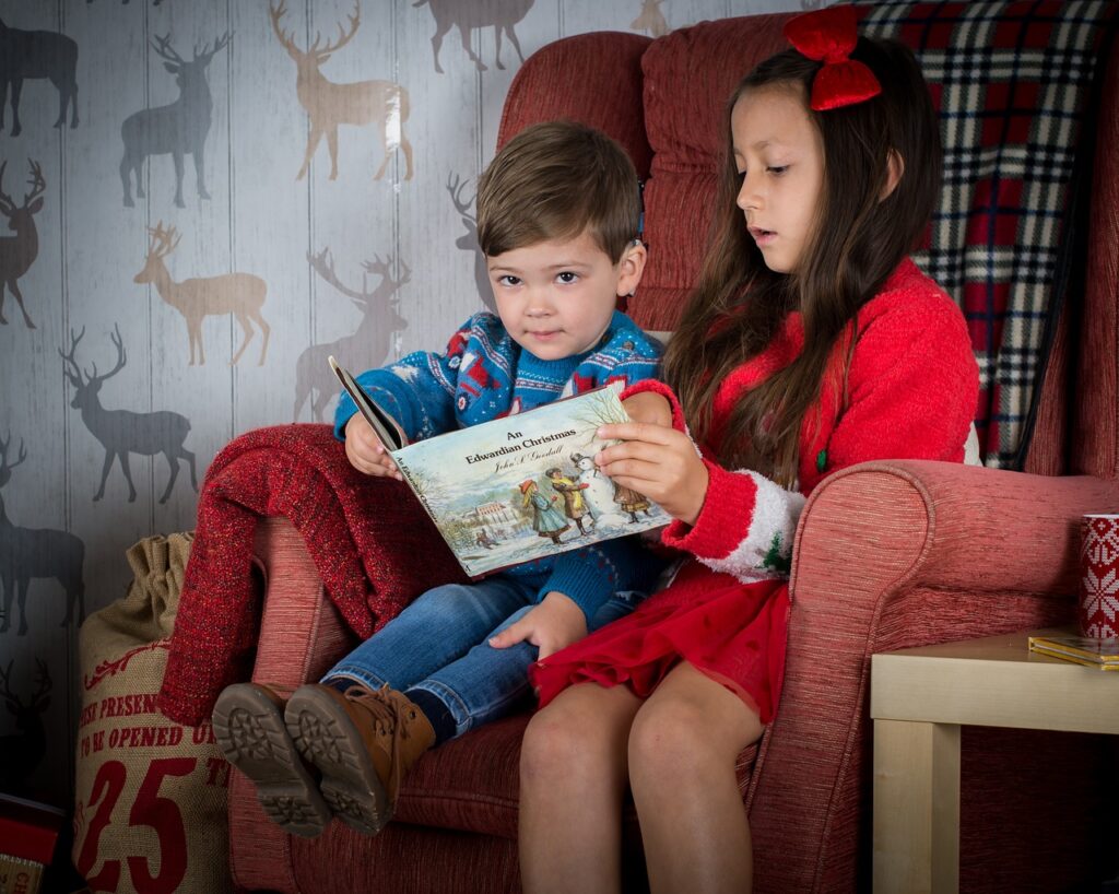 Older sister reads her brother's story