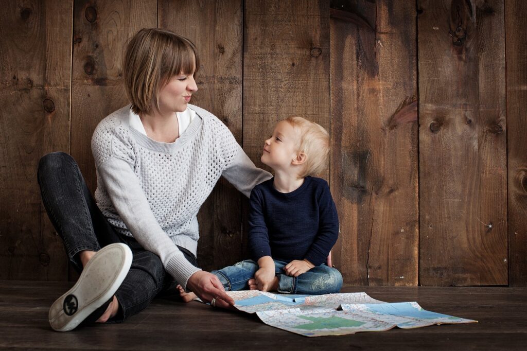 Mother and child looking at the map